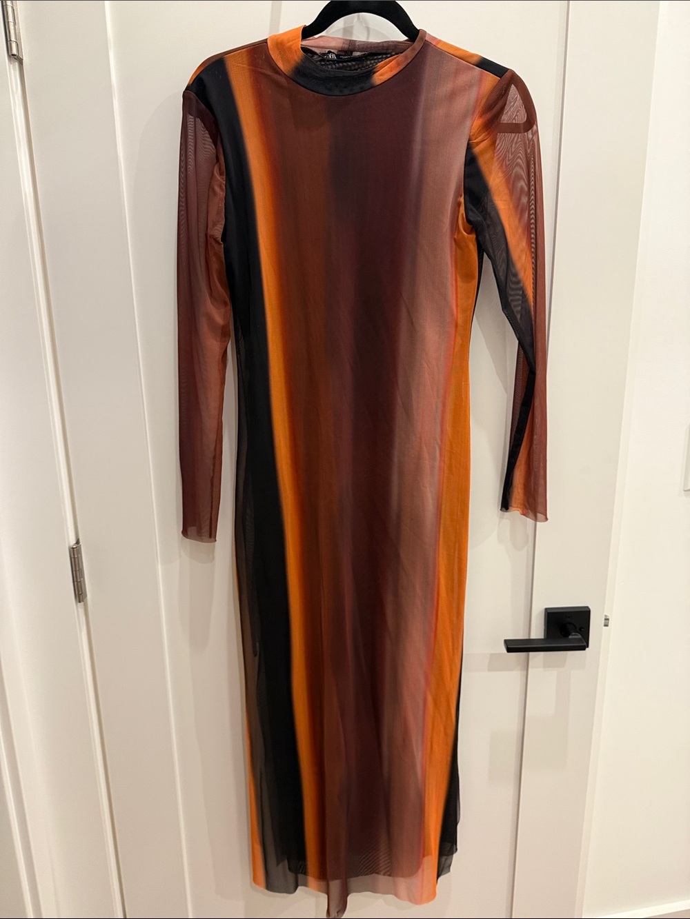 Zara Long-Sleeve Ombre Mesh Dress in Orange, Brown & Black